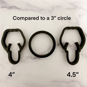 May include: Three cookie cutters, one round and two shaped like a person's head, are shown on a white marble surface. The round cutter is 3 inches in diameter. The head-shaped cutters are 4 inches and 4.5 inches tall. The text "Compared to a 3" circle" is above the cutters.