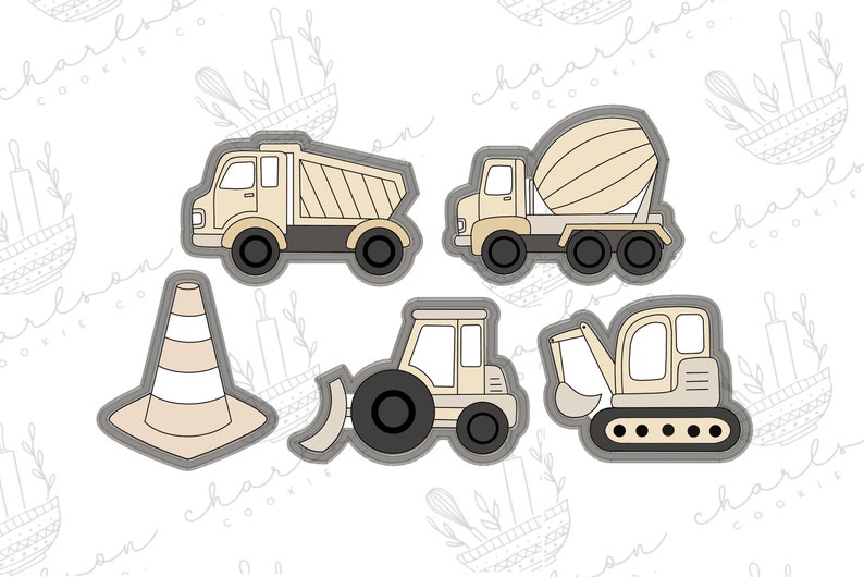 May include: Five cookie cutters in the shape of construction vehicles: a dump truck, a cement mixer, a bulldozer, an excavator, and a traffic cone. The cutters are made of metal and have a beige finish.