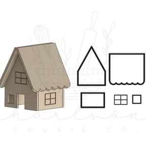 May include: A brown gingerbread house cookie cutter with a scalloped roof and a door. The image also shows separate cookie cutters for the roof, windows, and a door.