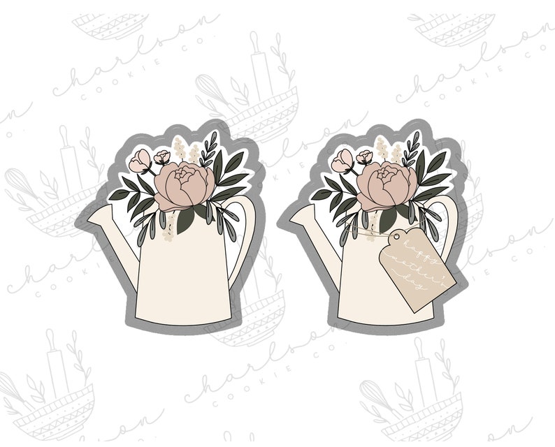 May include: Two white ceramic watering cans with a gray outline, each filled with a bouquet of pink and white flowers. One watering can has a tag that reads "Happy Mother's Day".