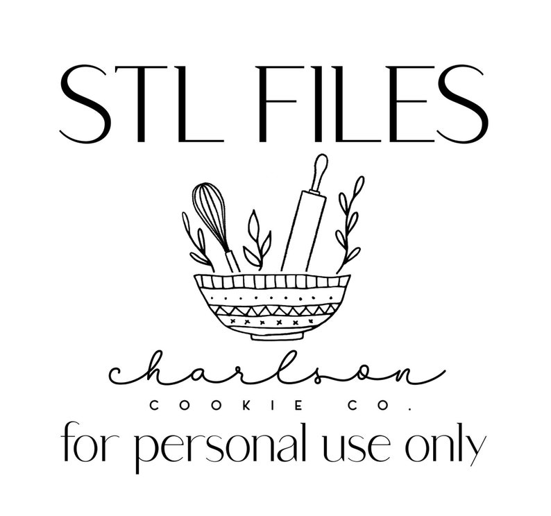 May include: Black and white illustration of a bowl with a rolling pin, whisk, and leaves inside. The text "STL FILES charlson COOKIE CO. for personal use only" is below the bowl.