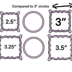 May include: A comparison of four different sizes of embroidery hoops, with the largest hoop measuring 3 inches in diameter. The hoops are labeled with their diameters: 2.5 inches, 3 inches, 3.25 inches, and 3.5 inches.