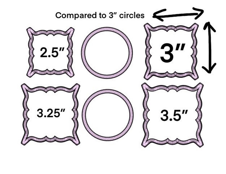 May include: A comparison of four different sizes of embroidery hoops, with the largest hoop measuring 3 inches in diameter. The hoops are labeled with their diameters: 2.5 inches, 3 inches, 3.25 inches, and 3.5 inches.