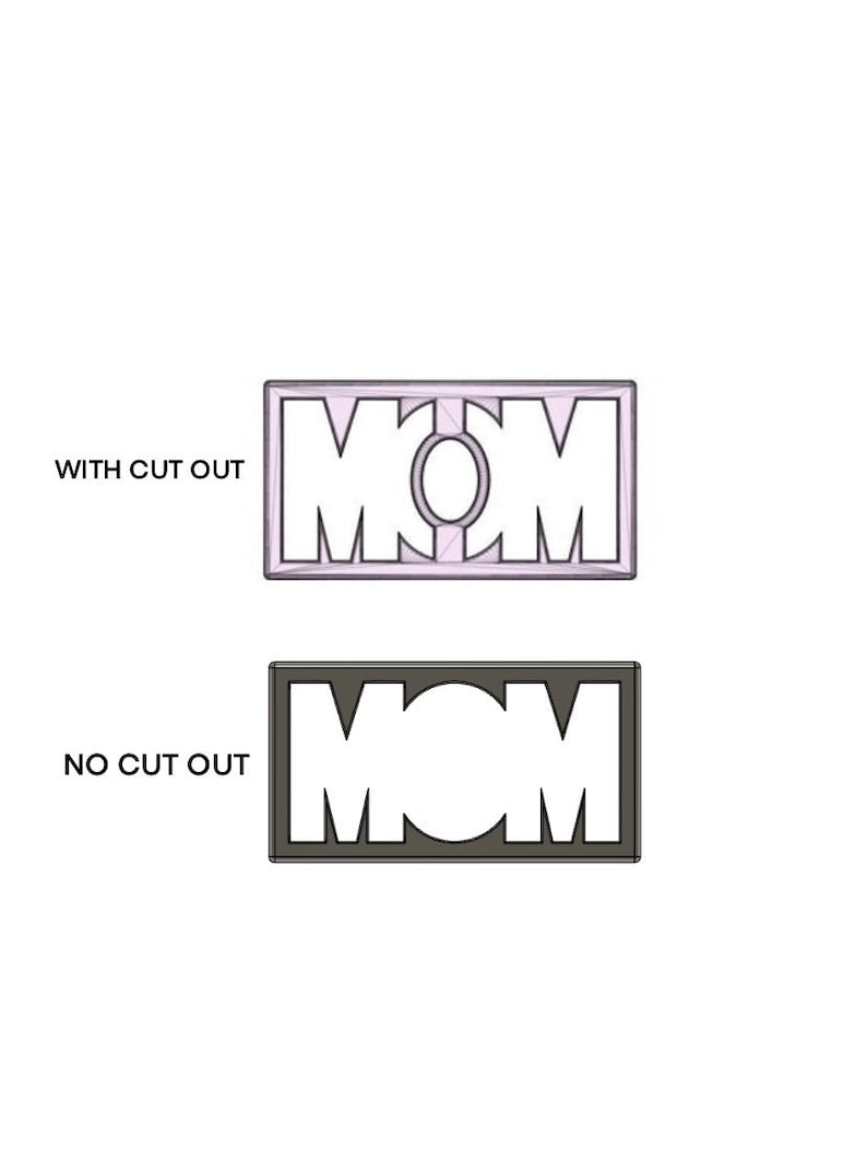 May include: Two versions of a "MOM" stencil, one with a cut-out design and one without. The stencil is black and white.