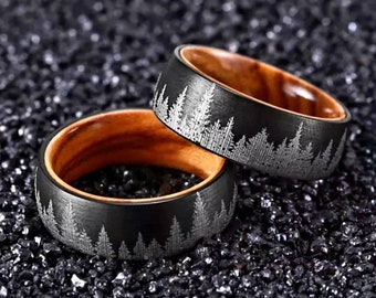 Anillo de barril de whisky, anillo de boda de los hombres del bosque del árbol, anillo de los hombres, anillo de la naturaleza, anillo de tungsteno, anillo del bosque de tungsteno, regalo para hombres, regalo para ella