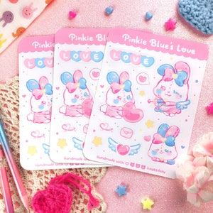 Niedliches Häschen Stickerblatt - Pinkie Blue's Love | Valentinstag Stickerbogen