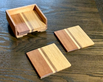 Hardwood Coaster Set with Holder, Mahogany, Maple, Walnut, Oak