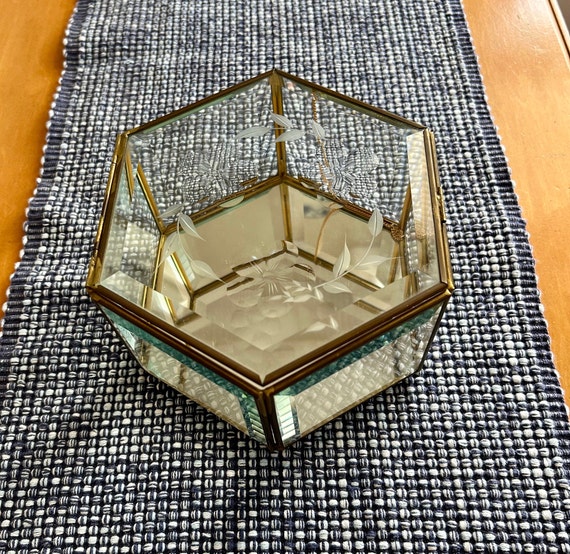 Vintage Hexagon Shaped Brass and Glass Trinket /J… - image 6