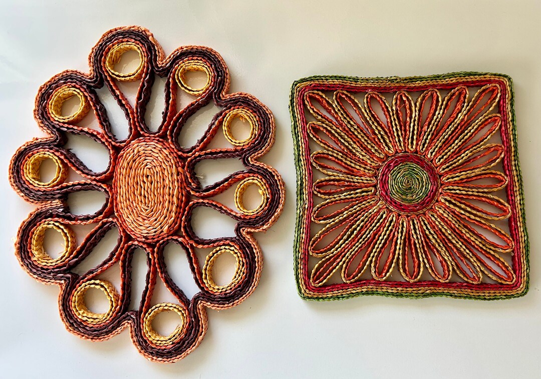 Set of 2 Colorful Rattan Trivets - Etsy