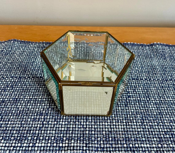 Vintage Hexagon Shaped Brass and Glass Trinket /J… - image 8