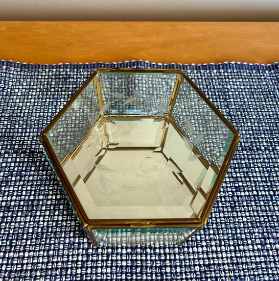 Vintage Hexagon Shaped Brass and Glass Trinket /J… - image 5
