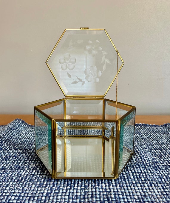 Vintage Hexagon Shaped Brass and Glass Trinket /J… - image 1