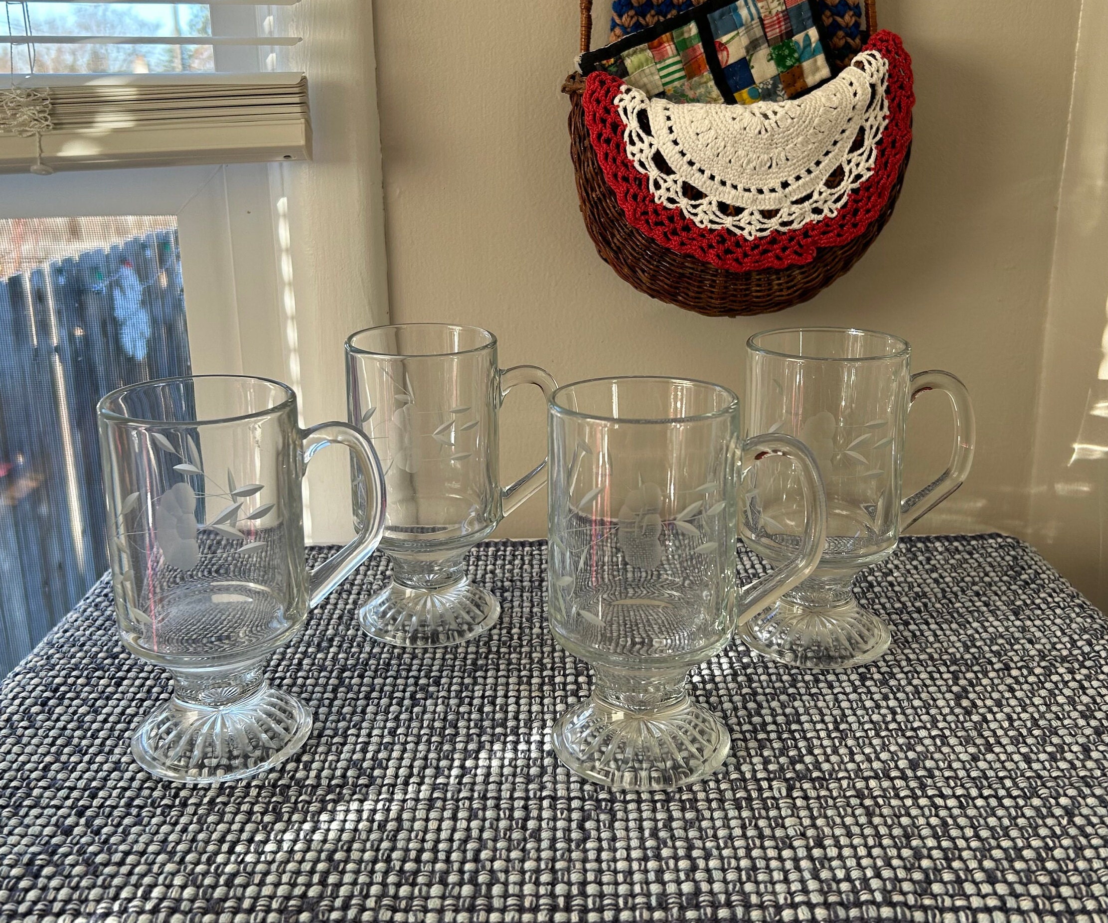 Set of 4 Princess House Etched Glass Pedestal Beverage Mugs Etsy