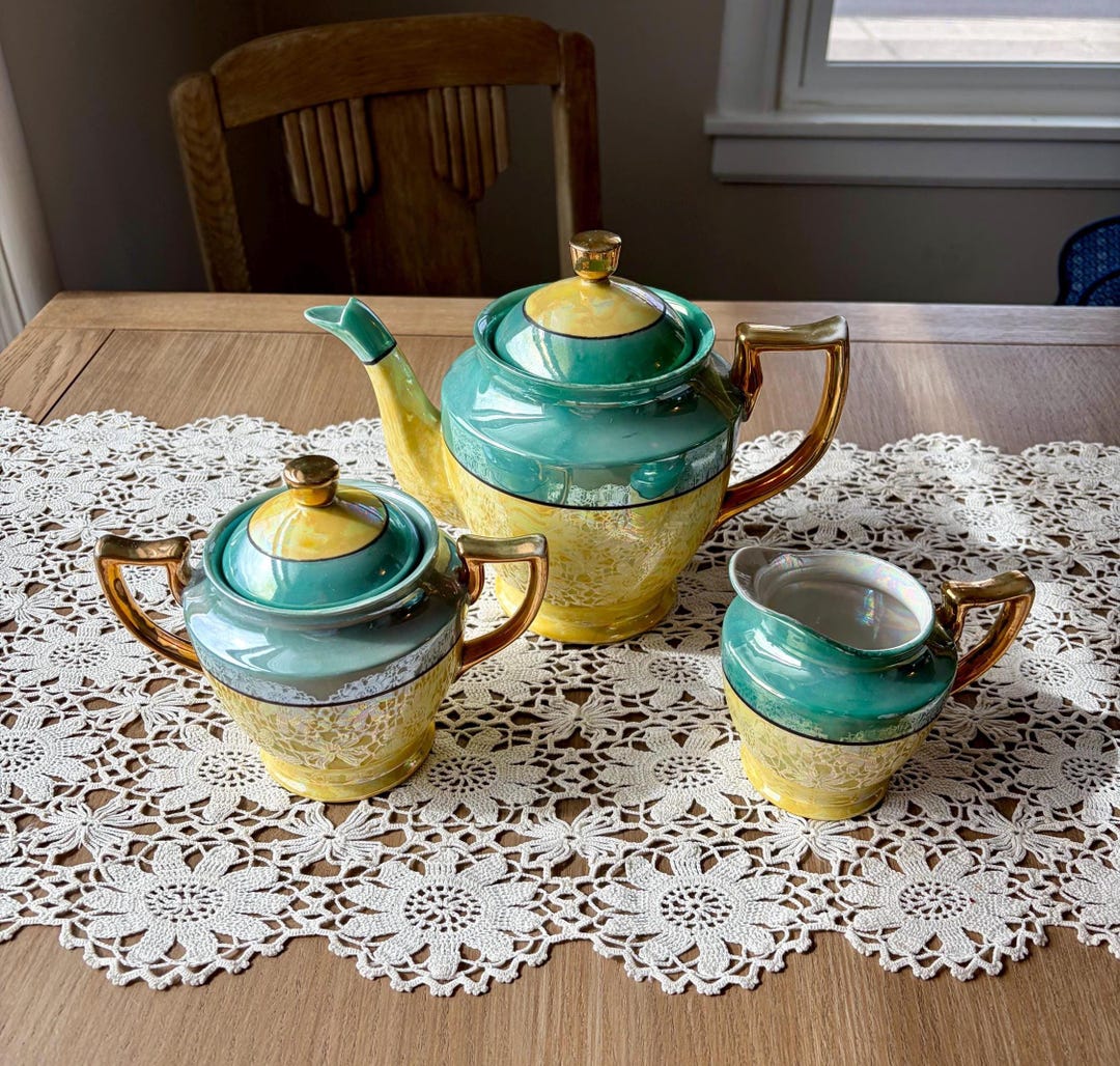 Luster Tea Set Antique 1920s Lusterware Tea Set: Yellow, Green Porcelain Teapot ...