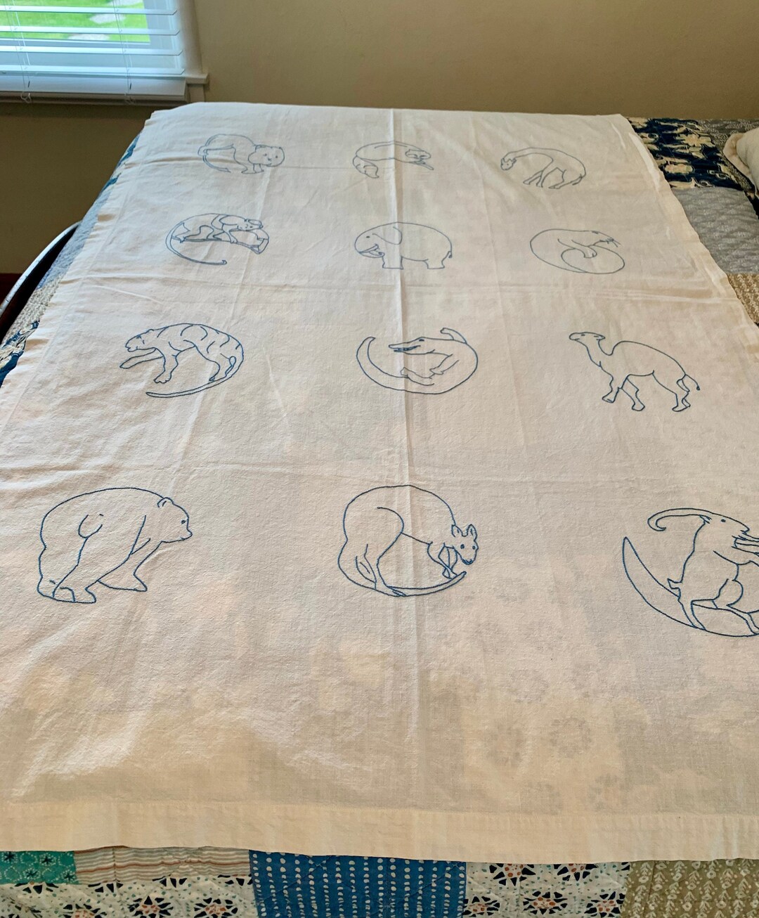 1940's Hand Embroidered Animals in Blue Cotton Crib Sheet Etsy