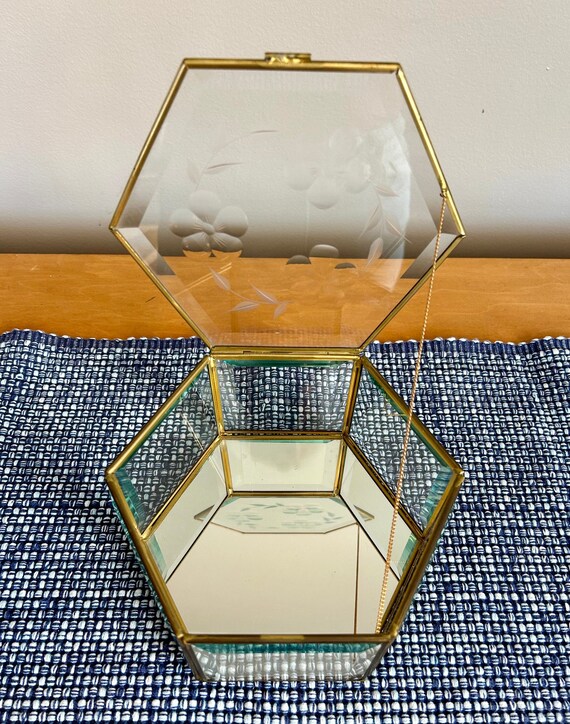 Vintage Hexagon Shaped Brass and Glass Trinket /J… - image 9
