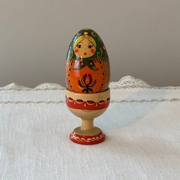 Vintage Russian Hand Painted Wooden Egg Doll With Wooden Egg Cup