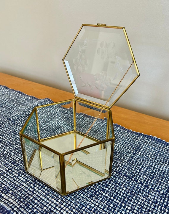 Vintage Hexagon Shaped Brass and Glass Trinket /J… - image 4