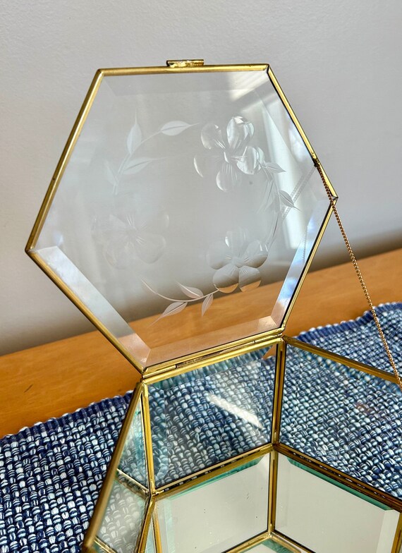 Vintage Hexagon Shaped Brass and Glass Trinket /J… - image 3