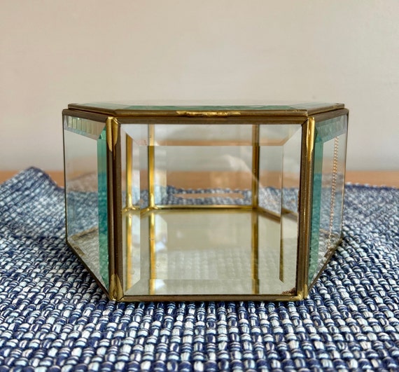 Vintage Hexagon Shaped Brass and Glass Trinket /J… - image 2