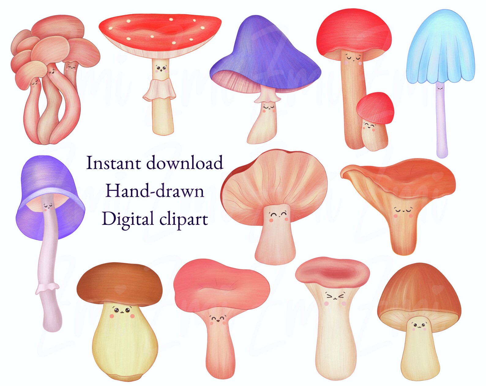 Kawaii Mushroom Clipart Cute Cartoon Printable Mushrooms PNG Instant