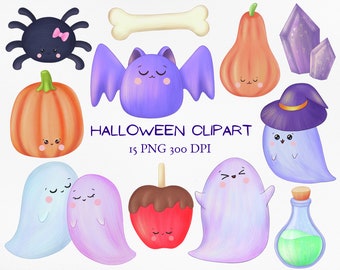 Halloween clipart, Kawaii Halloween PNG, cute ghost, pumpkin, spider, bat, magic nursery scrapbook printable, commercial use kids clip art