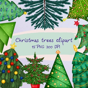 May include: A set of 15 digital clipart images of Christmas trees in various styles. The trees are decorated with ornaments, candy canes, and lights. The text "Christmas trees clipart 15 PNG 300 DPI" is displayed on a light blue background.