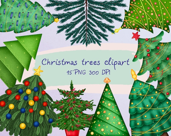 Christmas Tree png, Christmas tree clipart, Christmas png Instant download set of hand drawn digital clipart PNG 300 dpi