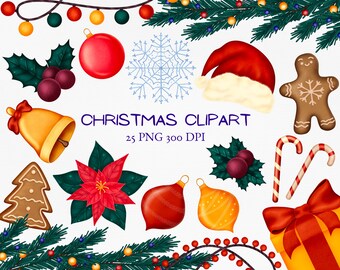 Christmas Clipart PNG, New Year graphics, printable Winter bundle, planner scrapbooking Holidays, Christmas tree toys, gingerbread clip art