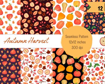 Autumn Harvest Digital Paper Set | Cozy Fall Seamless Pattern | Pumpkin Backgrounds | Personal and Commercial Use