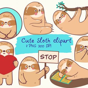 Schattige kawaii luiaard clipart, karakter dieren png, doodle cartoon luiaard op een drie, slapende dieren uitnodiging planner afdrukbare illustraties