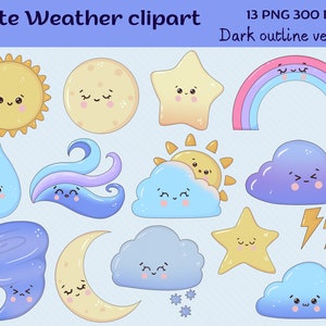 Clipart météo Kawaii mignon, soleil nuages arc-en-ciel PNG, image d'étoiles de lune, conception de la nature des saisons, clipart de planificateur de caractère vent orage