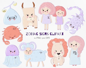 Cute Zodiac Clipart | Kawaii Zodiac Sign PNG Bundle | Printable Astrology Horoscope illustration | Instant download Commercial Use