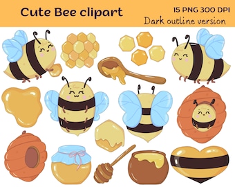 Cute bee clipart, kawaii honey png, yellow honey bee graphics, lovely bees illustration sweet animal printable scrapbook invitation clip art