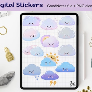Pack d'autocollants numériques Kawaii météo png GoodNotes, nuages goodnotes arc-en-ciel prérognés, soleil, feuille d'autocollants mignons imprimables, clipart planificateur