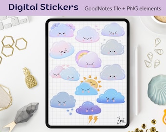 Kawaii Weather png digital sticker pack GoodNotes, precropped rainbow goodnotes clouds, sun, printable cute stickers sheet, planner clipart