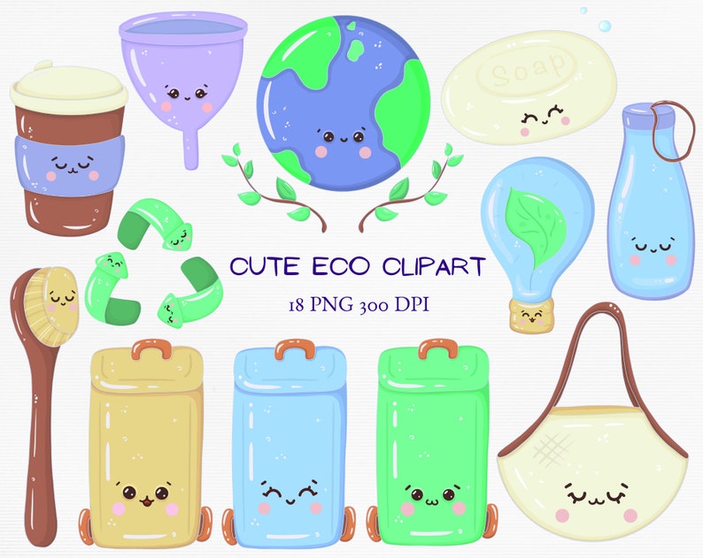 Earth day PNG, cute kawaii zero waste clipart, eco friendly design, recycle reusable organic character, save the planet png planner clip art image 1