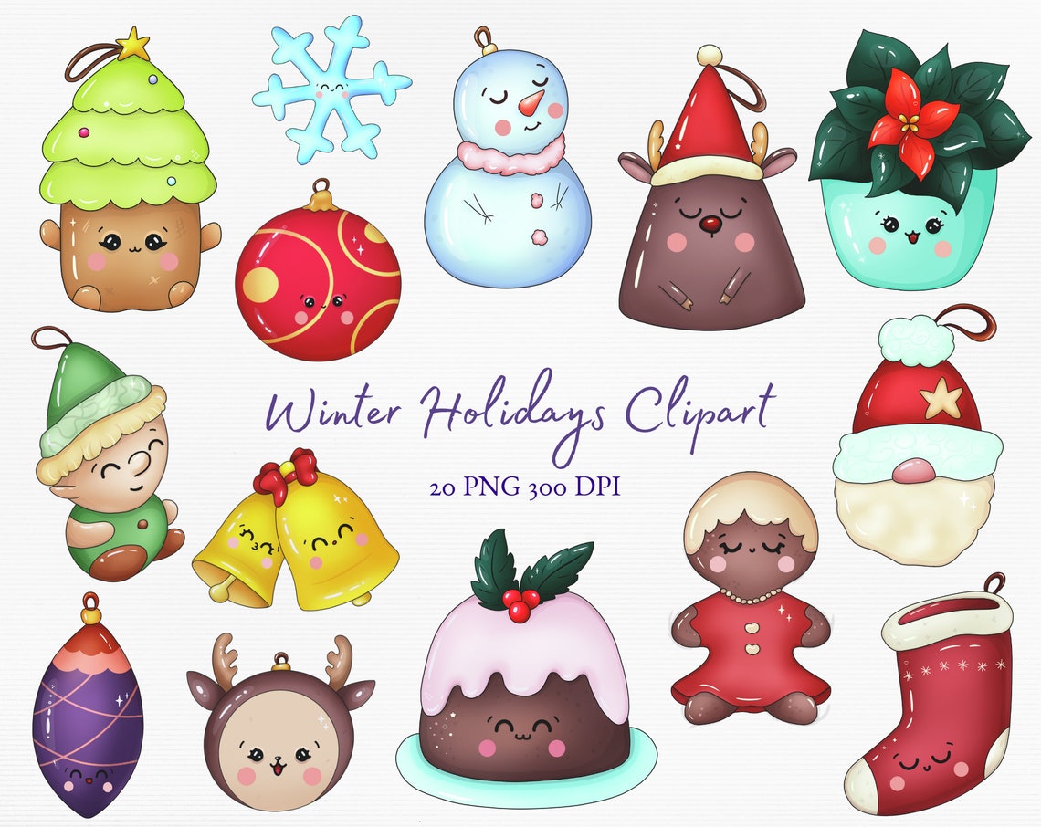 Cute Christmas Clipart Kawaii Holiday PNG Graphics - Etsy