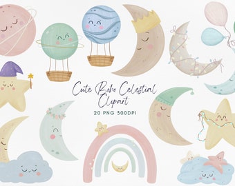 Cute Boho Celestial clipart, moon clouds rainbow PNG, modern lovely kawaii character, cartoon printable digital planner clip art