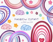 Rainbow Clipart, Boho clouds PNG, stars, rainbows, celestial hand drawn digital art, colorful pink planner scrapbooking cardmaking clip art