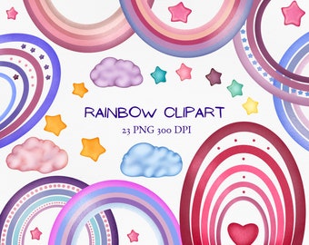 Rainbow Clipart, Boho clouds PNG, stars, rainbows, celestial hand drawn digital art, colorful pink planner scrapbooking cardmaking clip art