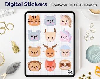 Tiergesichter digitale Aufkleber Pack, vorgeschnittene niedliche Tiere Goodnotes Notability Aufkleber PNG, kawaii Zeichen Illustration Planer Clipart