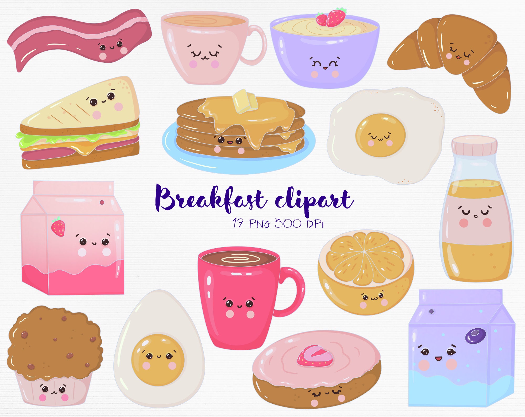 Kawaii Breakfast Clipart Cute Food PNG Bundle Printable Clip Art