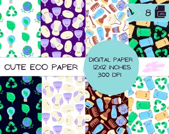 Cute Eco Digital Paper, Kawaii zero waste Background, eco friendly seamless pattern, recycle earth day printable scrapbooking cardmaking