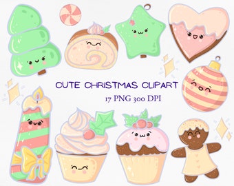 Cute Kawaii Christmas Clipart PNG, Christmas sweets food, gingerbread cupcake, Christmas tree toys, printable planner scrapbooking clip art