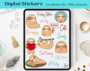 Kawaii sloth png digital sticker pack GoodNotes, precropped funny animals goodnotes, printable cute stickers sheet, planner clipart