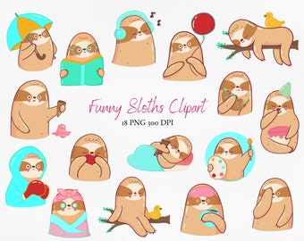 Funny Sloth Clipart Set | Cute Animal | Printable Kawaii clipart for personal and commercial use