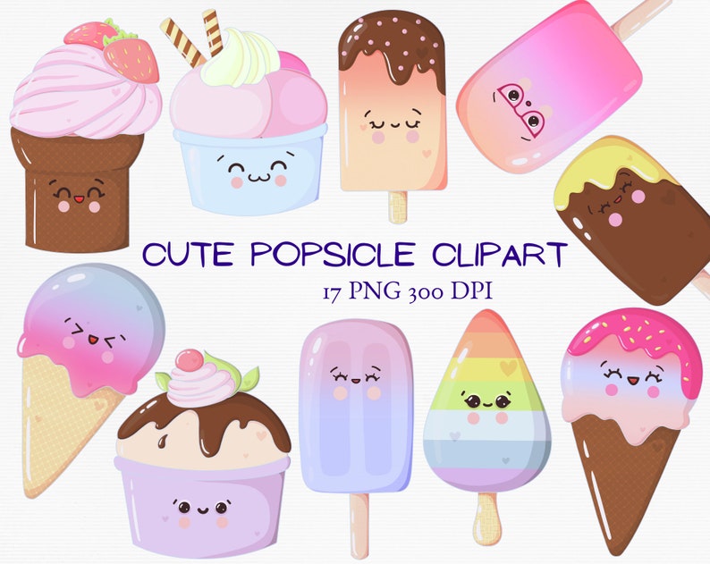 Ice cream cone png clipart set, kawaii popsicle, cute printable, summer sweets, digital planner stickers, cardmaking scrapbooking clip art image 1