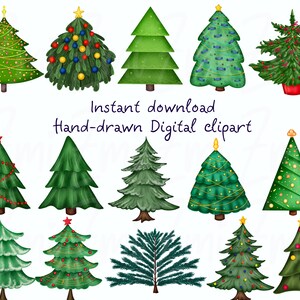 May include: A set of 15 hand-drawn digital clipart images of Christmas trees in various styles and colors. The trees are decorated with ornaments, lights, and garlands. The text "Instant download Hand-drawn Digital clipart" is included in the image.