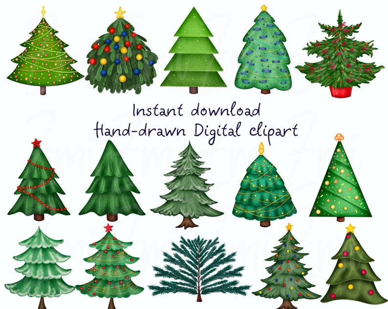 May include: A set of 15 hand-drawn digital clipart images of Christmas trees in various styles and colors. The trees are decorated with ornaments, lights, and garlands. The text "Instant download Hand-drawn Digital clipart" is included in the image.